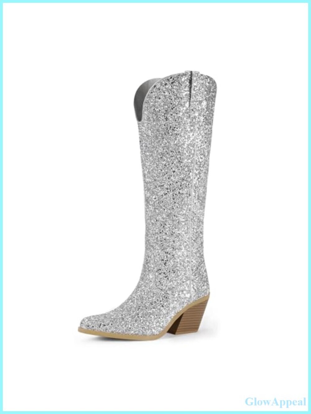 Womens Sparkly Knee High Cowboy Boots with 3-Inch Block Heel and Side Zipper